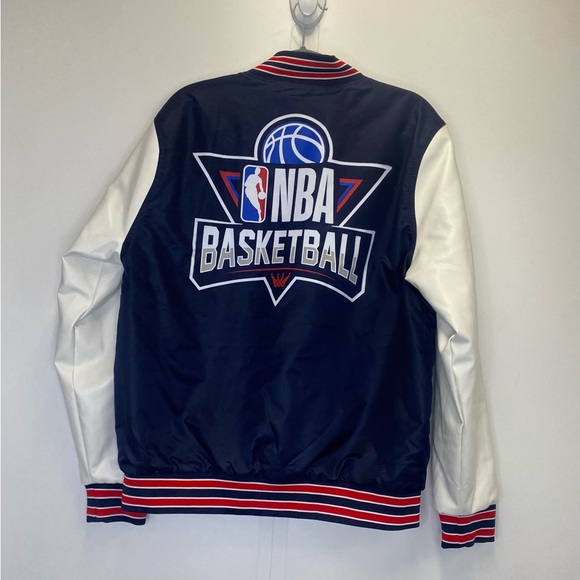 NBA Basketball White & Blue Color Block Snap Closure Bomber Jacket - Picture 6 of 10